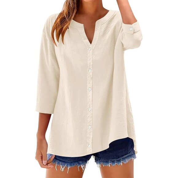 Tops - Women's Cotton Linen 3/4 Sleeve Button Down Shirt V Neck Casual Top